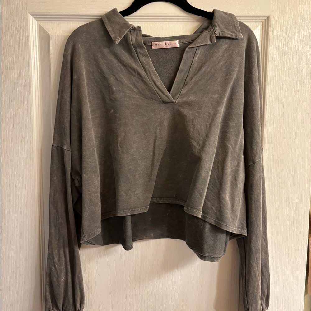Blue Blush Gray Boxy Polo Blouse